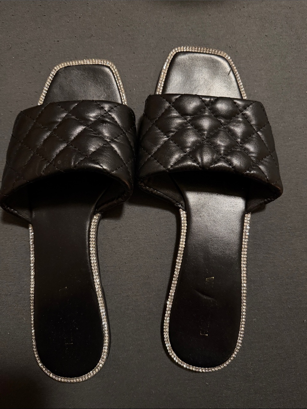 Fashion Nova Black Quilted Slide Sandals with Rhinestone Trim